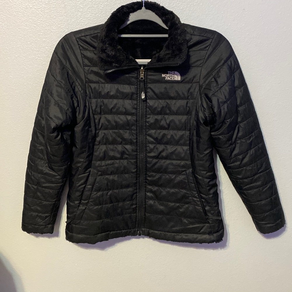 The North Face, puffy/fuzzy reversible jacket, black, girls large